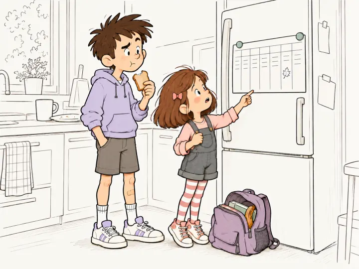 Morning in the kitchen: a boy eating toast frowns at the printed week on the fridge, while his little sister points at a pencil leaf drawn beside one day. An old banana sticks out of her school bag.