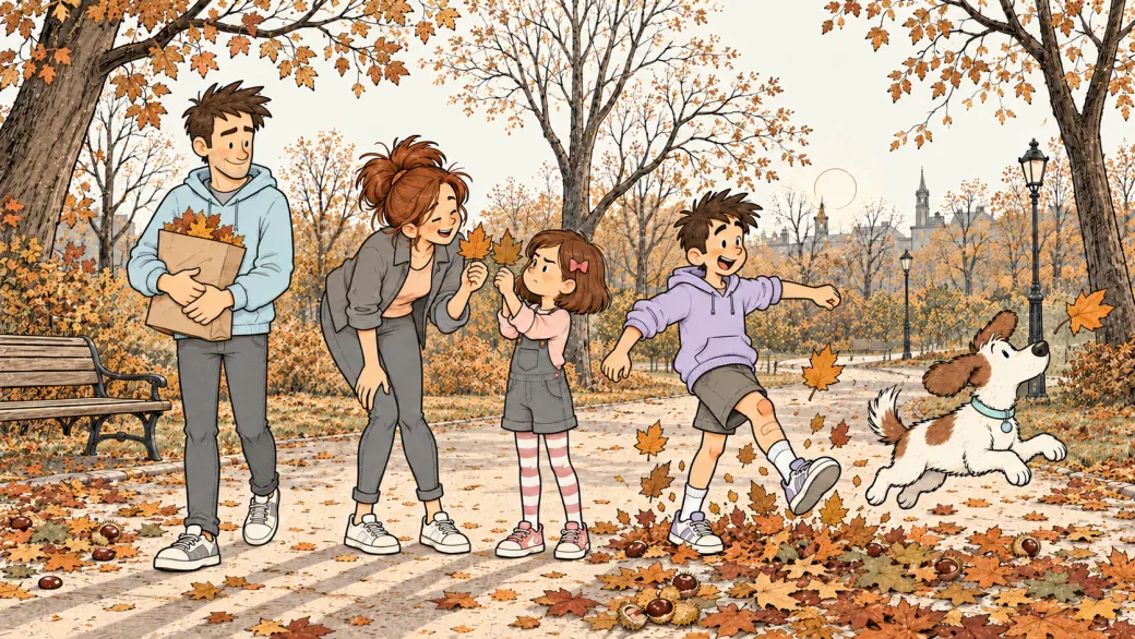 A park on an autumn afternoon. A father carries a paper bag of leaves, the mother bends to compare two leaves with their daughter, their son kicks through a pile of leaves, and the dog leaps after one.