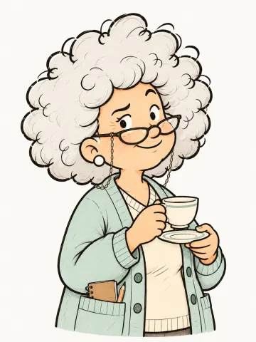 Aunt Mildred: a huge cloud of white curls, glasses low on her nose, a sage cardigan with a notebook in the pocket, a teacup in hand and one eyebrow raised.