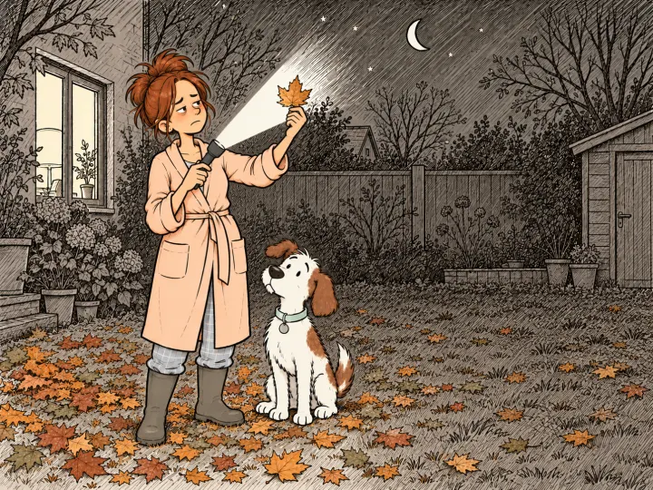 A garden at night. A tired mother in a dressing gown and wellies holds up one autumn leaf in her torch beam, unimpressed; the dog sits beside her, puzzled.