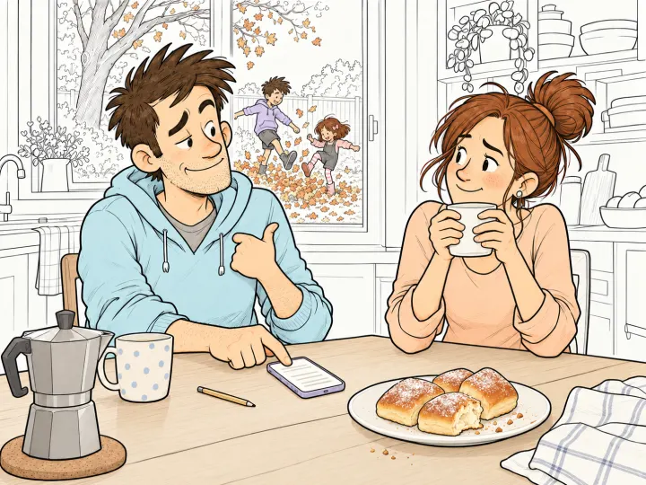 Sunday afternoon at the kitchen table. A dad taps a line on the phone lying between them and points his thumb at himself; the mum smiles at him over her mug. Coffee, a plate of sugared buns, and through the window the children kicking through autumn leaves.