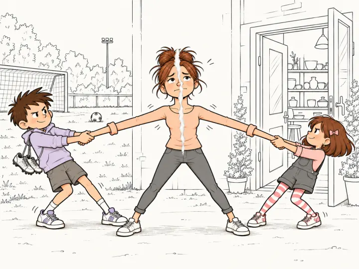 A tug of war with Mum as the rope: her son pulls one arm towards the football pitch, her daughter the other towards the pottery studio, and she tears down the middle like a sheet of paper, eyes rolled up, unbothered.