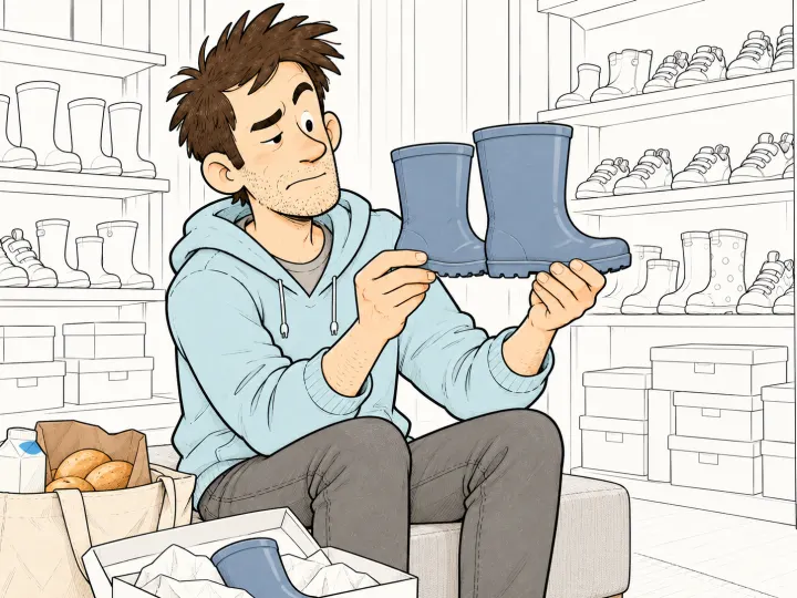 A shoe shop. A tired dad on the fitting bench holds up two blue children's wellies, one a size bigger than the other, and eyes them doubtfully. The week's shopping sits in a tote at his feet, with the other boot in its box.